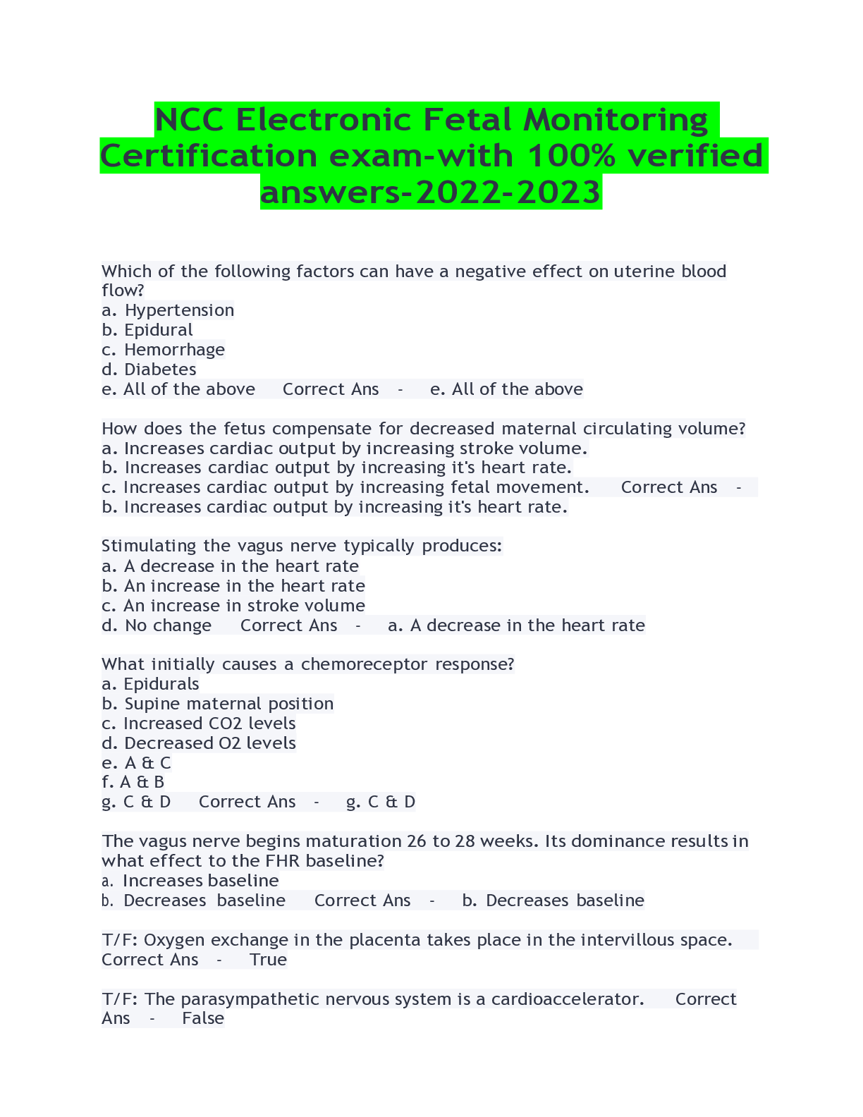 Preview image for NCC Electronic Fetal Monitoring Certification Exam Questions and Answers (2022/2023) (Verified Answers)